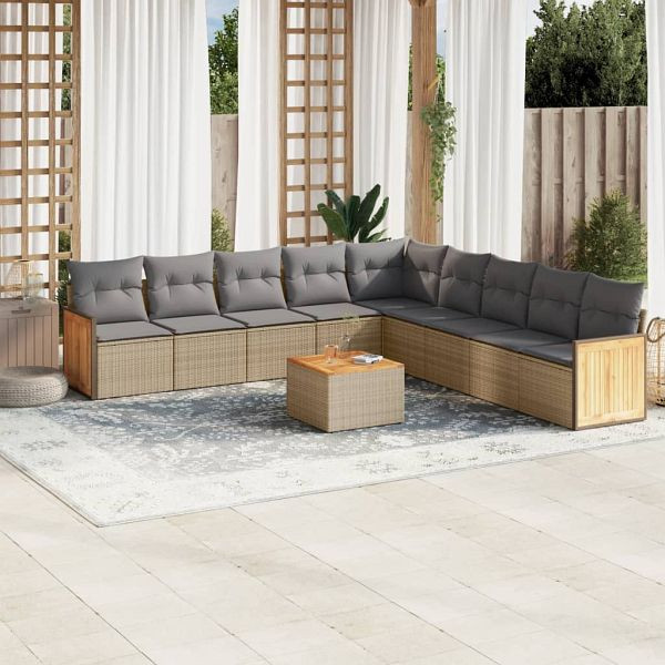 vidaXL 10-teilig Garten-Sofagarnitur mit Kissen Beige Poly Rattan, 3260148