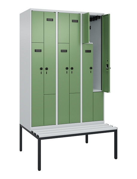 C+P Z-Spind Evolo PLUS, Bank, 6 Fächer, 2120x1200x815mm, 7035/6011, Drehriegel, Sitzfläche Kunststoff, Sitzbank, 0490537-326 S10064