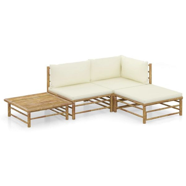 vidaXL 4-teilig Garten-Lounge-Set mit Cremeweißen Kissen Bambus, 3058189
