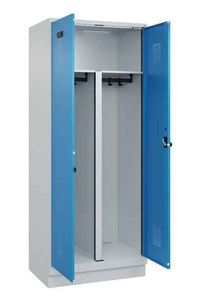 C+P PSA Schwarz-Weiß-Spind Evolo PLUS, mit Sockel, 2 Abteile, 1950x800x500mm, 70, Frontfarbe RAL 5012 Lichtblau, Drehriegel, 049022-22P S10007