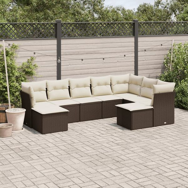 vidaXL 9-teilig Garten-Sofagarnitur mit Kissen Braun Poly Rattan, 3250412