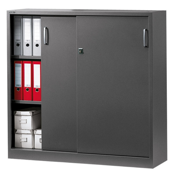 Deskin Schiebetürenschrank BASE L, Stahl, Anthrazit RAL 7021, B 1200 x H 1200 x T 420 mm, 220757
