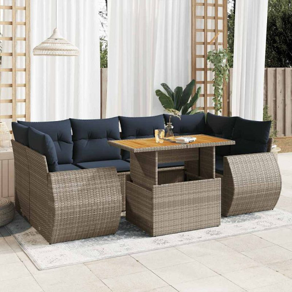 vidaXL 7-teilige Garten-Sofagarnitur mit Kissen Grau Poly Rattan, 3327232