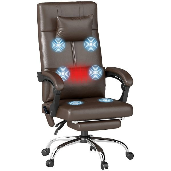 Vinsetto Bürostuhl mit Massagefunktion, Ergonomischer Schreibtischstuhl mit Liegefunktion, Kopfkissen, höhenverstellbar, Braun, 921-659V90DR