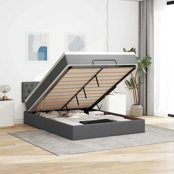 vidaXL Ottomane Bett mit Matratze & LEDs Dunkelgrau 140x200 cm Stoff, 3312396