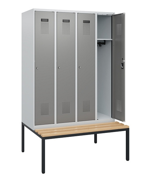 C+P Spind Evolo PLUS, 4 Abteile, 1950x1200x815mm, 7035/0004, Zylinderschloss, Sitzfläche Buche-Hartholz, Sitzbank, 0490505-40 S10041