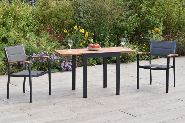 Merxx Paxos Set 3-teilig, 2 Paxos Stapelsessel, gepolstert, graphit/grau, 1 Balkonausziehtisch, 65 (130) x 65 cm, Tischplatte aus Akazienholz, 50992-307