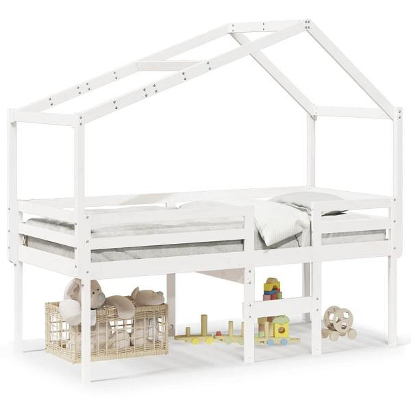 vidaXL Hochbett mit Dach Weiß 90x190 cm Massivholz Kiefer, 3282059