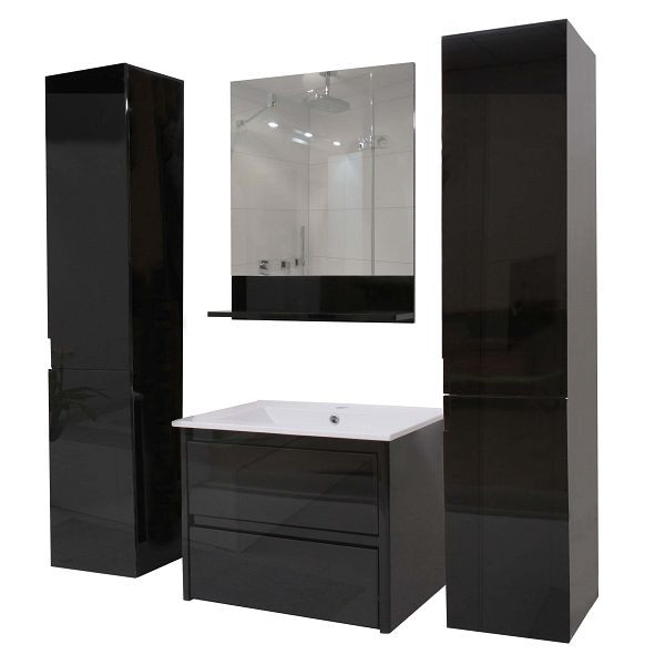 Mendler Badezimmerset HWC-B19, Waschtisch Wandspiegel 2x Hängeschrank, hochglanz, schwarz, 57619+57614+57620+2x57622