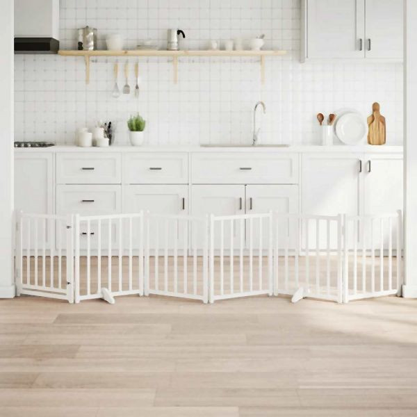 vidaXL 6-tlg. Hundetor mit Tür Faltbar Weiß 300 cm Massivholz Tanne, 352277