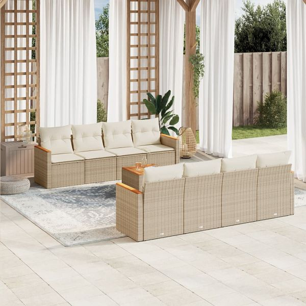 vidaXL 9-teilig Garten-Sofagarnitur mit Kissen Beige Poly Rattan, 3225820