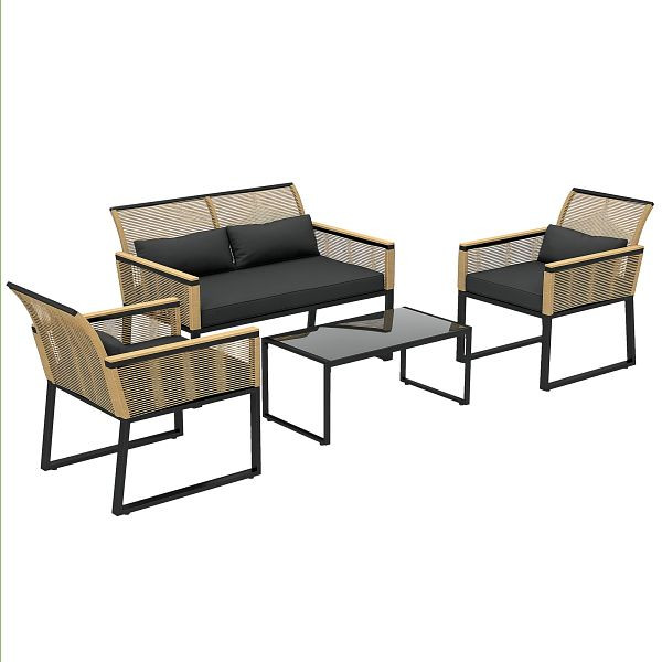 Outsunny Polyrattan Gartenmöbel Set 4 Personen, wetterfest Balkonmöbel-Set mit 2er Sofa, 2 Stühle Glastisch Sitzkissen Schwarz, 84G-758V01BK
