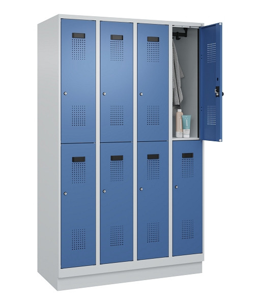 C+P Doppelstöckiger Spind Evolo PLUS, mit Sockel, 8 Fächer, 1950x1200x500mm, 703, Frontfarbe RAL 5023 Fernblau, Zylinderschloss, 049320-40 S10035