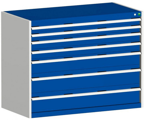 bott cubio Schubladenschrank bestückt mit 7 Schwerlastschubladen BxTxH: 1300 x 750 x 1000 mm, RAL 7035/5010, 40030016.11V