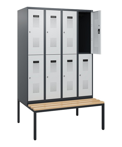 C+P Doppelstöckiger Spind Evolo PLUS, Bank, 8 Fächer, 1950x1200x815mm, 7016/7035, Zylinderschloss, Sitzfläche Buche-Hartholz, Sitzbank, 0493505-40 S10044