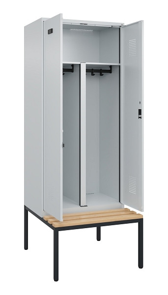 C+P PSA Doppel-Spind Evolo PLUS, Bank, 2 Abteile, 2120x800x815mm, 7035/7035, Zylinderschloss, Sitzfläche Buche-Hartholz, Sitzbank, 0490527-22P S10040