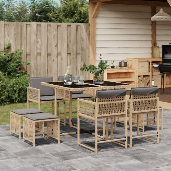 vidaXL 9-tlg. Garten-Essgruppe mit Kissen Beigemischung Poly Rattan, 3211500