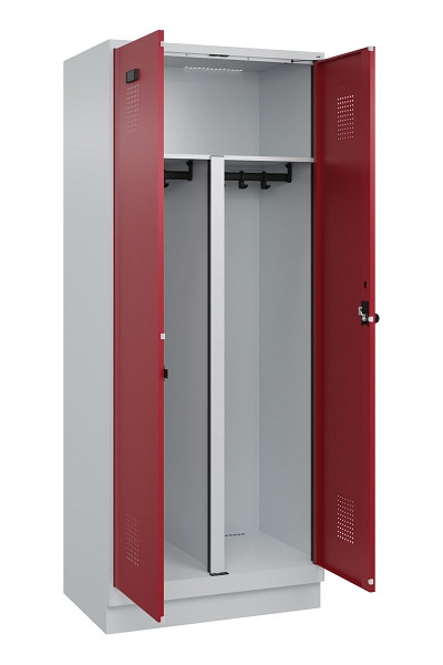 C+P PSA Schwarz-Weiß-Spind Evolo PLUS, mit Sockel, 2 Abteile, 1950x800x500mm, 70, Frontfarbe RAL 3003 Rubinrot, Drehriegel, 049022-22P S10004
