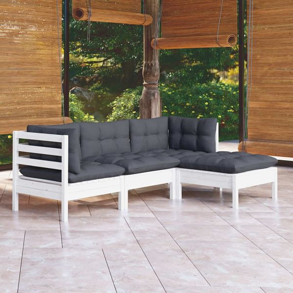 vidaXL 4-teilig Garten-Lounge-Set mit Kissen Weiß Kiefernholz, 3096347