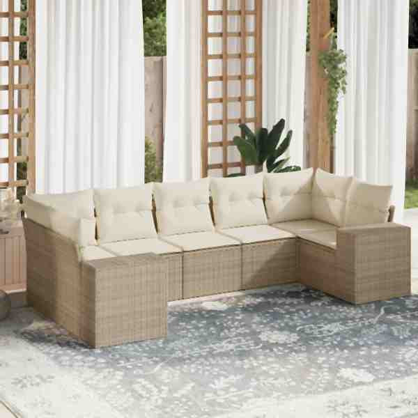 vidaXL 7-tlg. Garten-Sofagarnitur mit Kissen Beige Poly Rattan, UV-beständig, 3222987