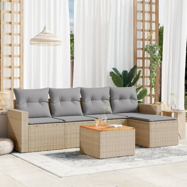 vidaXL 6-tlg. Garten-Sofagarnitur mit Kissen Beige Poly Rattan, 3256430