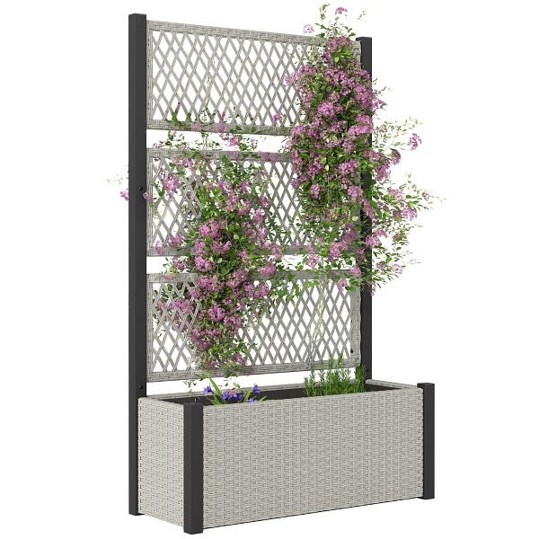 Outsunny Hochbeet mit Rankgitter in Rattan-Optik Pflanzkasten Blumenkasten mit Rankhilfe 90 x 35 x 148 cm Grau, 867-283V00GG