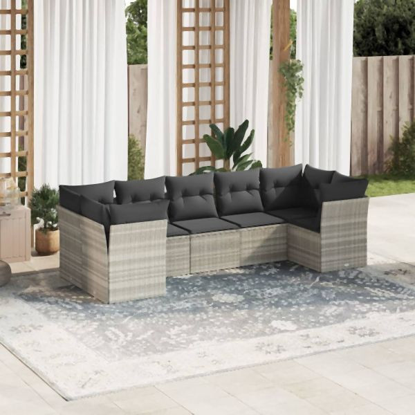 vidaXL 7-tlg. Garten-Sofagarnitur mit Kissen Hellgrau Poly Rattan, 3218122