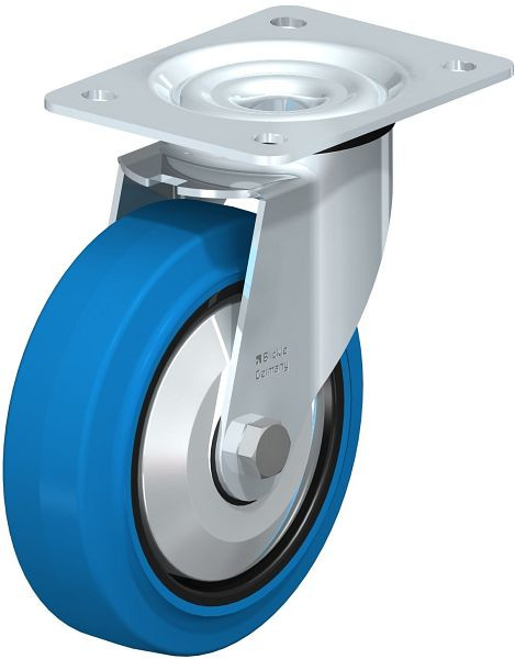 Blickle LE-POEV 160KD-SB-FA Stahlblech-Lenkrolle mit Anschraubplatte, Elastik-Vollgummi, Blau, 749621