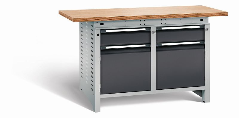 Otto Kind Werkbank Serie function Typ 214, Multiplexplatte 40 mm, überstehend, 2x Unterbau + Zentralverschluss, Gehäuse RAL 9006, Front RAL 9005, 07234423N