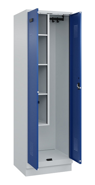 C+P Putzmittel-Spind Evolo PLUS, mit Sockel, 2 Abteile, 1950x600x500mm, 7035/501, Frontfarbe RAL 5010 Enzianblau, Zylinderschloss, 049120-00 S10033