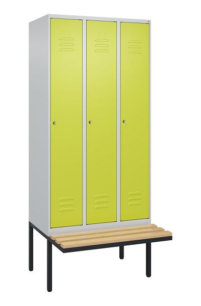 C+P Umkleidespind Classic PLUS, 3 Abteile, 2120x900x815mm, 7035/0024, Zylinderschlösser, Buche-Sitzleisten, 3 Doppel-Haken, 0800407-30 S10054