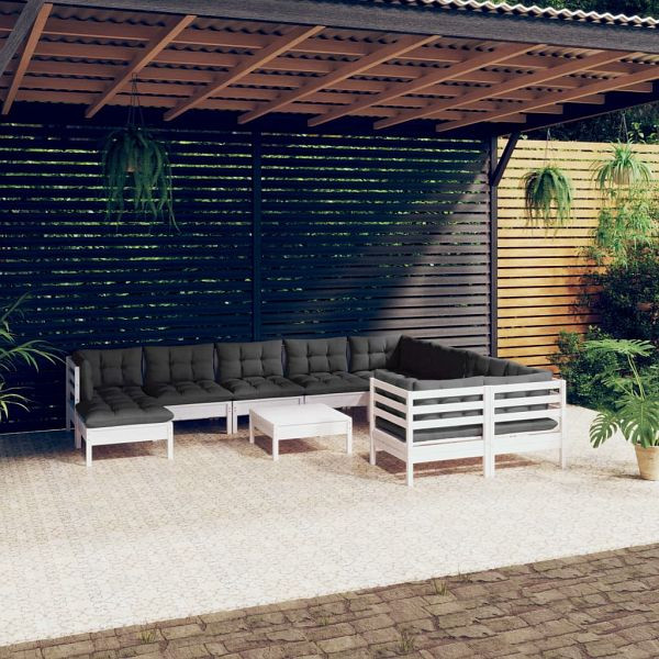 vidaXL 11-teilig Garten-Lounge-Set mit Kissen Weiß Kiefernholz, 3097038