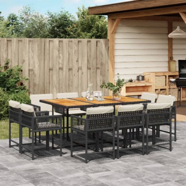 vidaXL 11-tlg. Garten-Essgruppe mit Kissen Schwarz Poly Rattan, 3211575