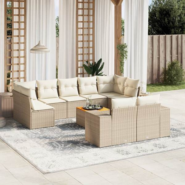 vidaXL 10-tlg. Garten-Sofagarnitur mit Kissen Beige Poly Rattan, UV-beständig, 3257927