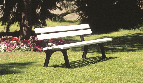 Lignit Bank mit Gusseisenfüßen schwarz kunststoffbeschichtet, PVC-Latten mit verzinkter Stahleinlage, 2 m lang, hellelfenbein ca. RAL 9001, 64Stahlelfenbein