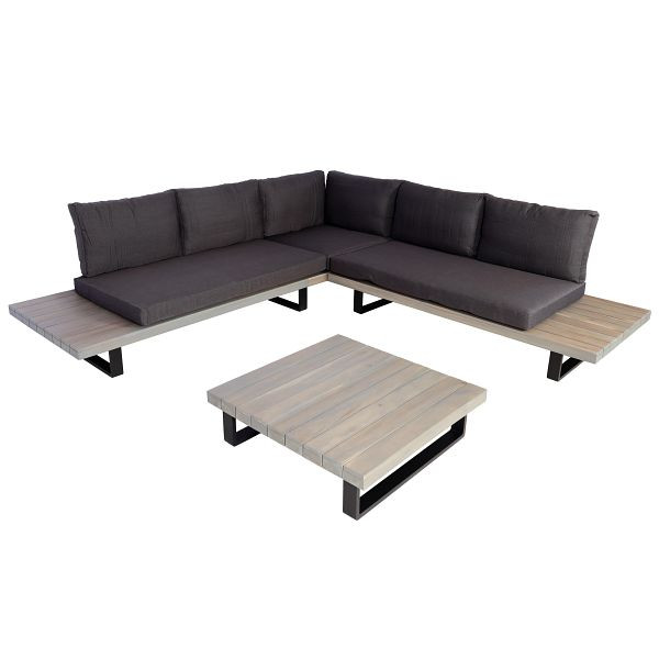 Mendler Garten-Garnitur HWC-H54, Garnitur Sitzgruppe Lounge-Set, Spun Poly Akazie Holz FSC® Alu, grau, Polster dunkelgrau, 98277+98278