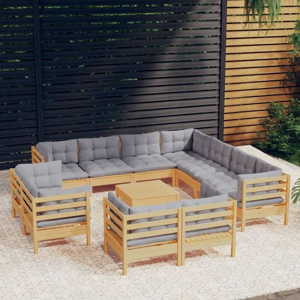 vidaXL 12-teilig Garten-Lounge-Set mit Grauen Kissen Massivholz Kiefer, 3096940