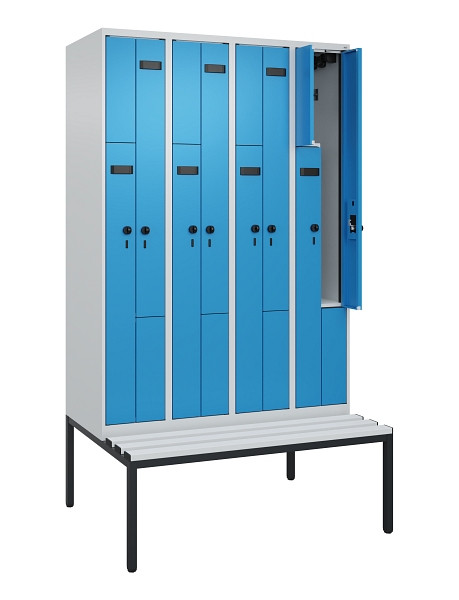 C+P Z-Spind Evolo PLUS, 8 Fächer, 2120x1200x815mm, 7035/5012, Drehriegel, Sitzfläche Kunststoff, Sitzbank, 0490537-408 S10061
