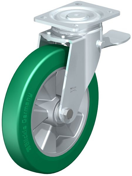 Blickle LH-ALST 250K-ST Stahlblech-Lenkrolle, Schwerlast-Ausführung, mit Anschraubplatte & Feststeller, Blickle Softhane®, Grün, 612952