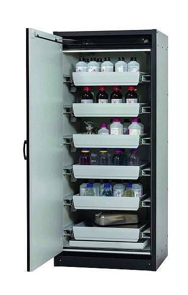 asecos Sicherheitsschrank Q-CLASSIC-30, Q30.195.086.WD in lichtgrau RAL 7035 mit 6x Auszugswanne Standard (Stahlblech), 31008-061-30055