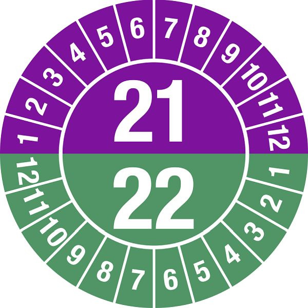 Moedel Prüfplakette 2021 - 2022 mit Monaten, Dokumentenfolie, Ø 30 mm, VE: 10 Stück/Bogen, 97285
