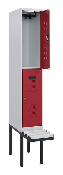 C+P Doppelstock-Spind Evolo PLUS, Bank, 2 Fächer, 1950x300x815mm, 7035/3003, Zylinderschloss, Sitzfläche Kunststoff, 0493405-10 S10139