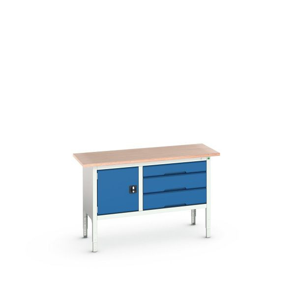 bott verso Kastenwerkbank (Multiplex-Platte) mit 3 Schubladen und 1 Tür, BxTxH: 1500 x 600 x 830 - 930 mm, Lichtgrau / Enzianblau, 16923014.11