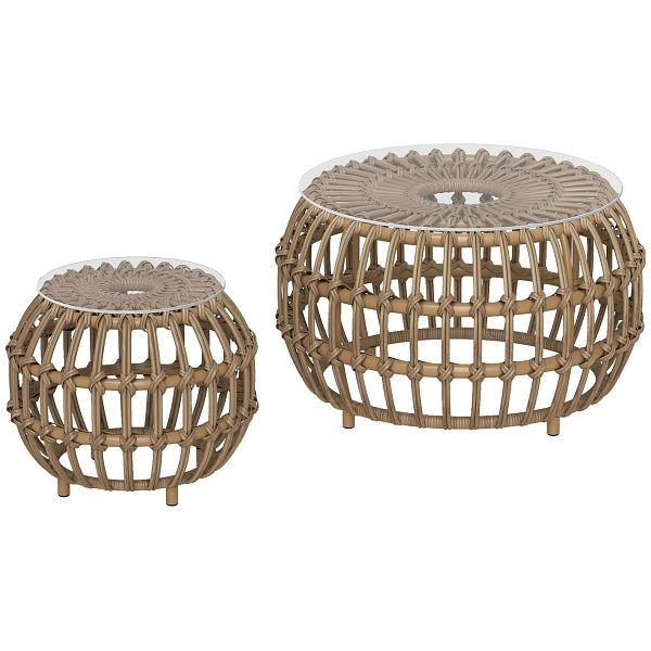 Outsunny 2er Set Beistelltisch Polyrattan Ø66/42 cm rund wetterfest Gartentisch mit Glasplatte Braun, 867-234V00BN