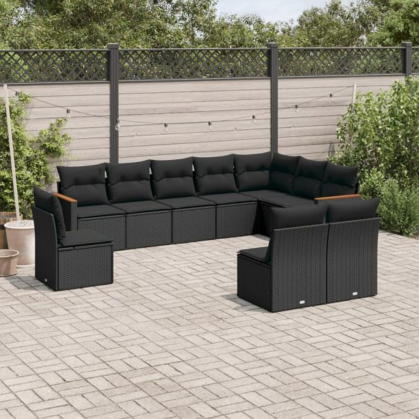 vidaXL 10-tlg. Garten-Sofagarnitur mit Kissen Schwarz Poly Rattan, 3226069