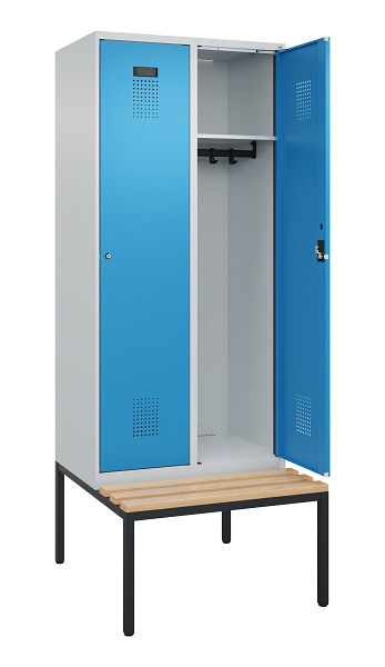 C+P Spind Evolo PLUS, 2 Abteile, 2120x800x815mm, 7035/5012, Haken 4, Zylinderschloss, Sitzfläche Buche-Hartholz, Sitzbank, 0490507-22 S10034