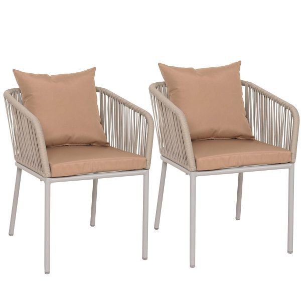Mendler 2er-Set Gartenstuhl HWC-N41, Outdoor Armlehne, wetterfest Aluminium Seilgeflecht Rope, grau Kissen taupe, 106618