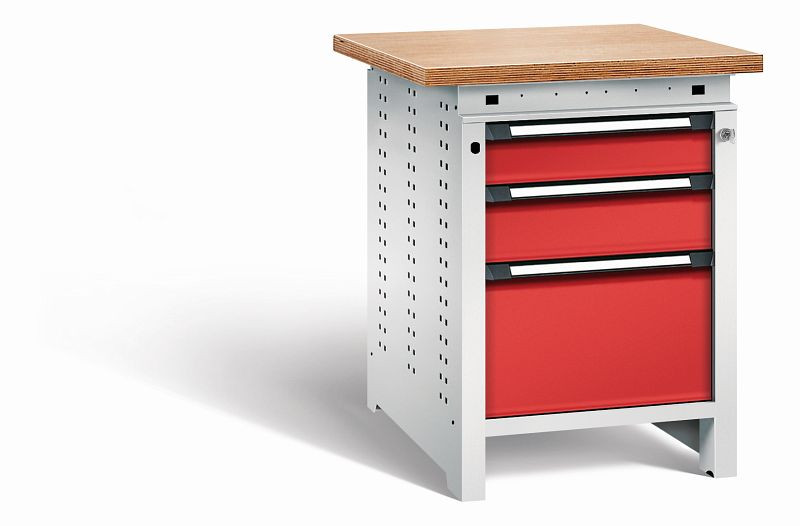 Otto Kind Werkbank Serie function Typ 106, Multiplexplatte, überstehend, 3 Schubladen, mit Zentralverschluss, Gehäuse RAL 7035, Front RAL 3000, 072323234