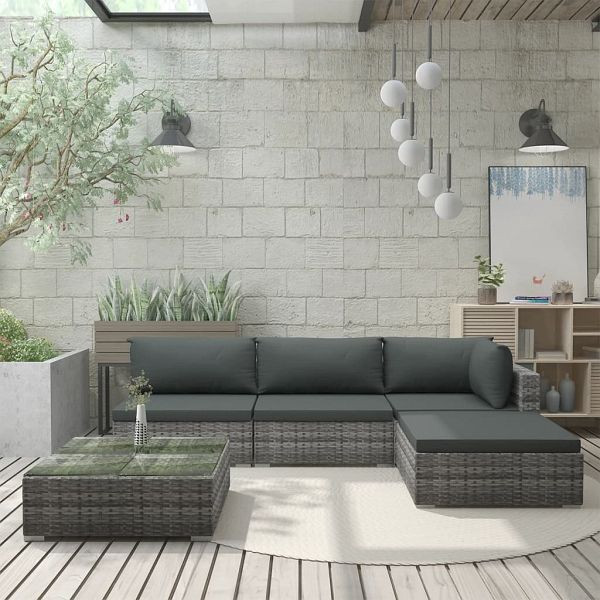 vidaXL 5-teilig Garten-Lounge-Set mit Auflagen Poly Rattan Grau, 46783