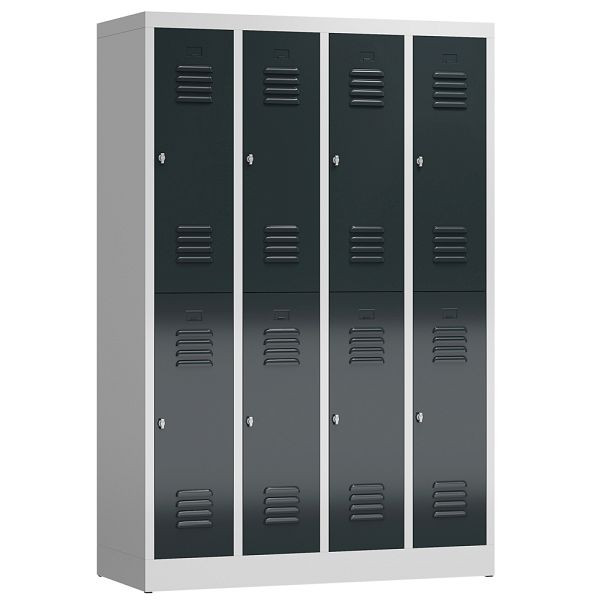 Lüllmann ClassiX Garderobenschrank, 4 Abteile doppelstöckig, 1800 x 1185 x 500 mm, lichtgrau/anthrazitgrau, X-520248